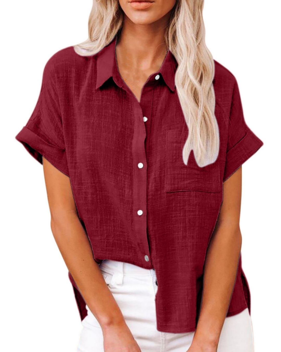 Vyla™ Dressy Casual V Neck Button Down Shirts Short Sleeve Blouses