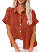 Vyla™ Dressy Casual V Neck Button Down Shirts Short Sleeve Blouses