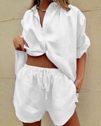 Vyla™ Casual V-Neck Button Down Shirt and Shorts Set Easy Everyday Summer Two-Piece Outfit