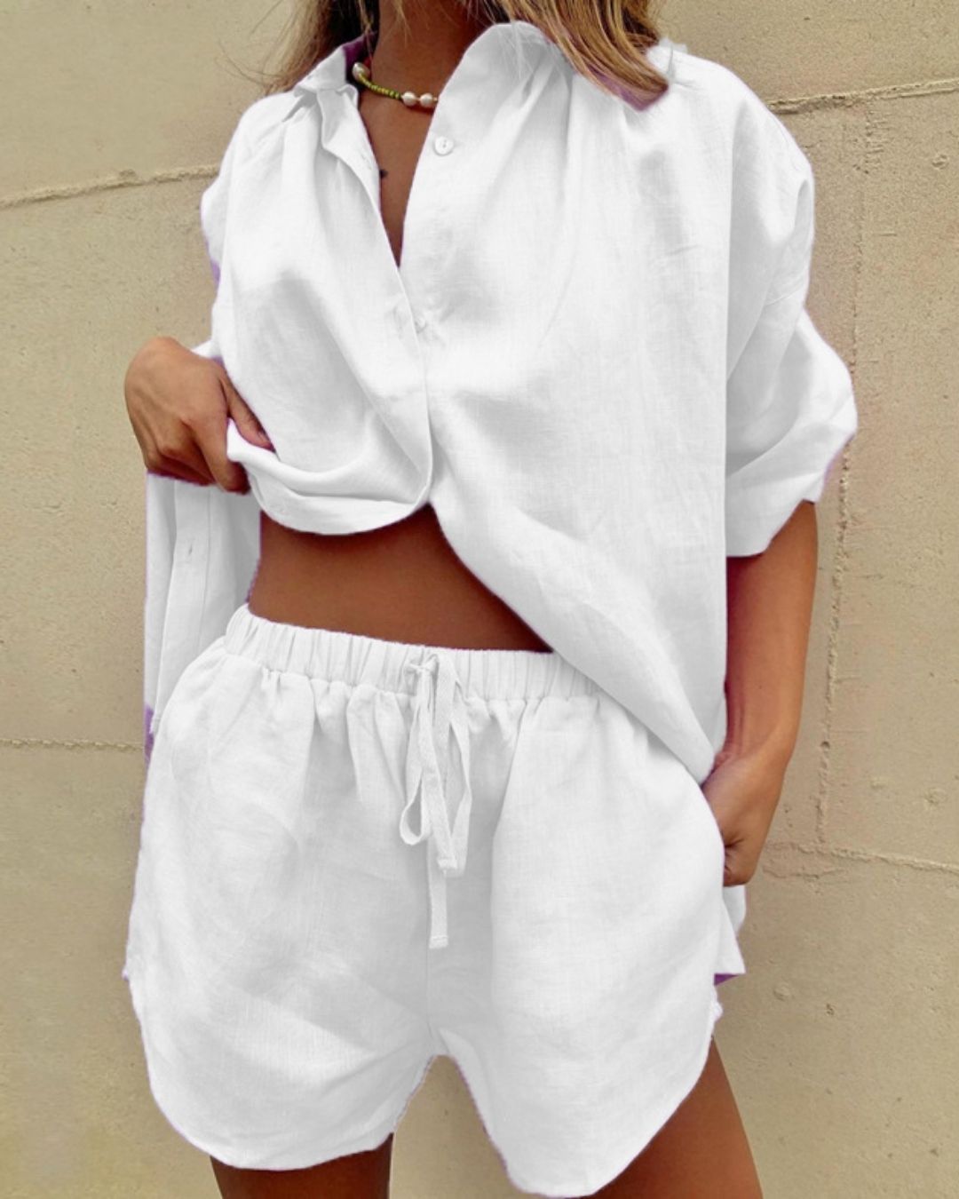 Vyla™ Casual V-Neck Button Down Shirt and Shorts Set Easy Everyday Summer Two-Piece Outfit