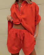 Vyla™ Casual V-Neck Button Down Shirt and Shorts Set Easy Everyday Summer Two-Piece Outfit