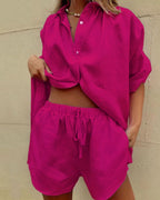Vyla™ Casual V-Neck Button Down Shirt and Shorts Set Easy Everyday Summer Two-Piece Outfit