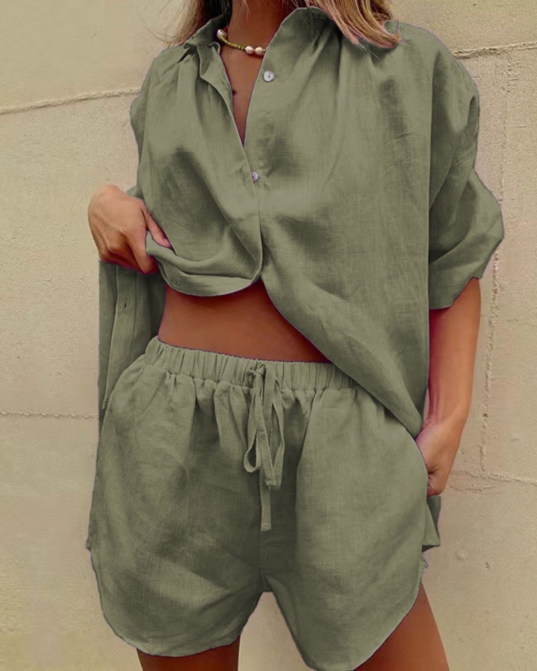 Vyla™ Casual V-Neck Button Down Shirt and Shorts Set Easy Everyday Summer Two-Piece Outfit