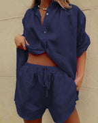 Vyla™ Casual V-Neck Button Down Shirt and Shorts Set Easy Everyday Summer Two-Piece Outfit