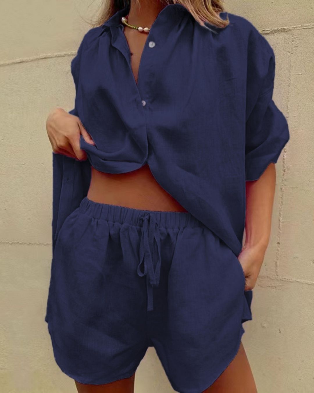 Vyla™ Casual V-Neck Button Down Shirt and Shorts Set Easy Everyday Summer Two-Piece Outfit