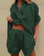 Vyla™ Casual V-Neck Button Down Shirt and Shorts Set Easy Everyday Summer Two-Piece Outfit