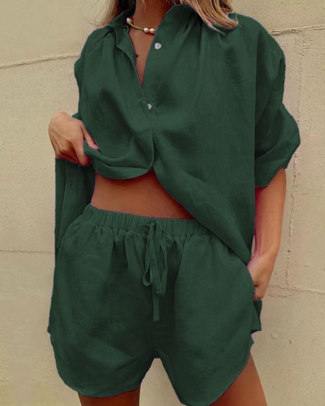 Vyla™ Casual V-Neck Button Down Shirt and Shorts Set Easy Everyday Summer Two-Piece Outfit