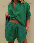 Vyla™ Casual V-Neck Button Down Shirt and Shorts Set Easy Everyday Summer Two-Piece Outfit