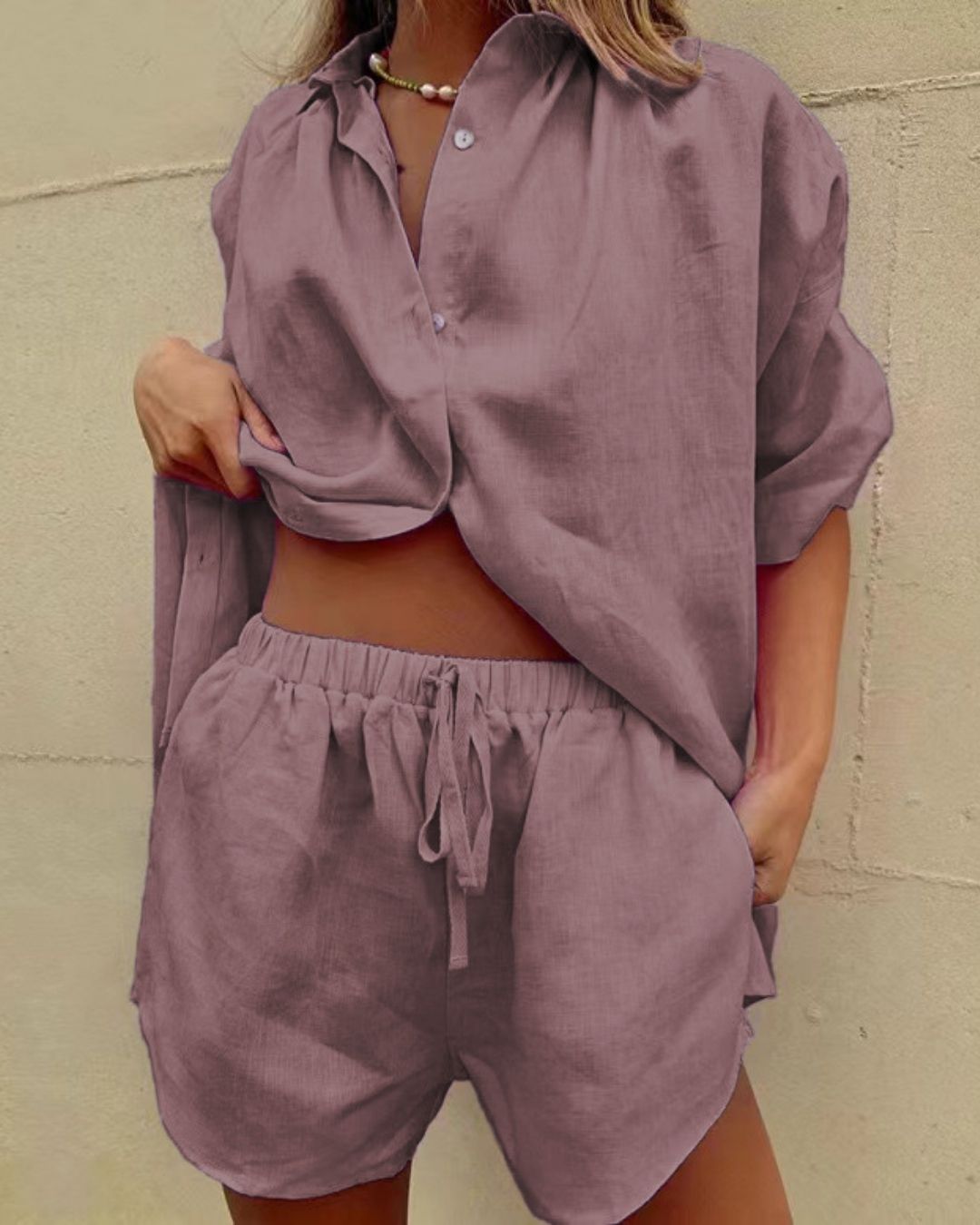Vyla™ Casual V-Neck Button Down Shirt and Shorts Set Easy Everyday Summer Two-Piece Outfit