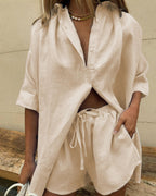 Vyla™ Casual V-Neck Button Down Shirt and Shorts Set Easy Everyday Summer Two-Piece Outfit