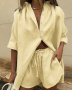 Vyla™ Casual V-Neck Button Down Shirt and Shorts Set Easy Everyday Summer Two-Piece Outfit