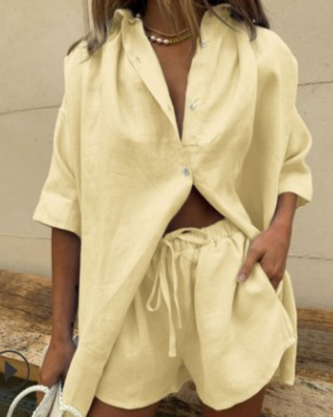 Vyla™ Casual V-Neck Button Down Shirt and Shorts Set Easy Everyday Summer Two-Piece Outfit