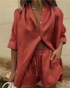 Vyla™ Casual V-Neck Button Down Shirt and Shorts Set Easy Everyday Summer Two-Piece Outfit