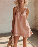 Vyla™ Breezy Ruffle Trim Tie-Front V-Neck Mini Dress Flowy Relaxed Fit Summer Dress