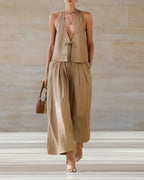 Vyla™ Sleeveless Vest & Wide-Leg Pants Set – 2-Piece Lace-Up Outfit