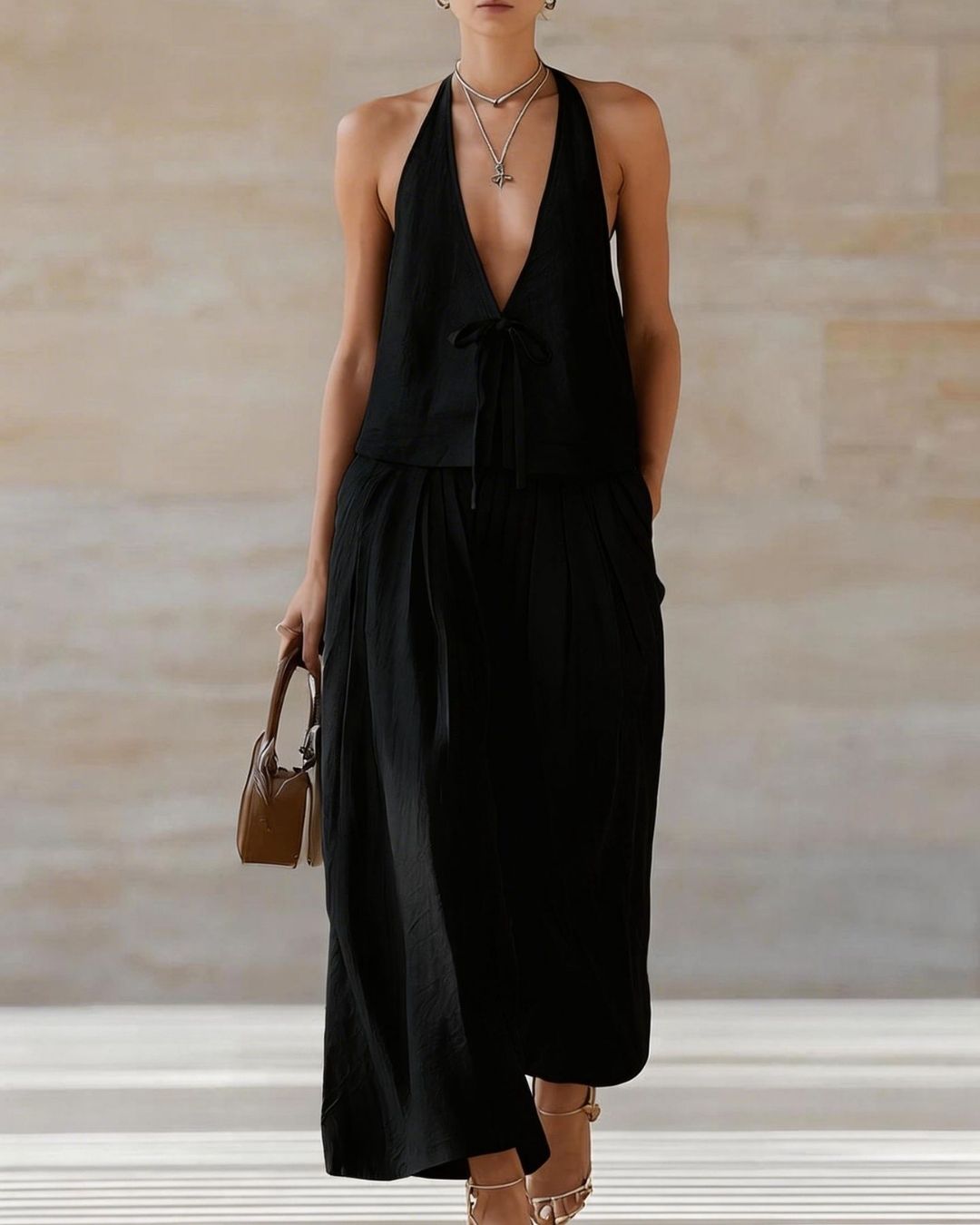 Vyla™ Sleeveless Vest & Wide-Leg Pants Set – 2-Piece Lace-Up Outfit