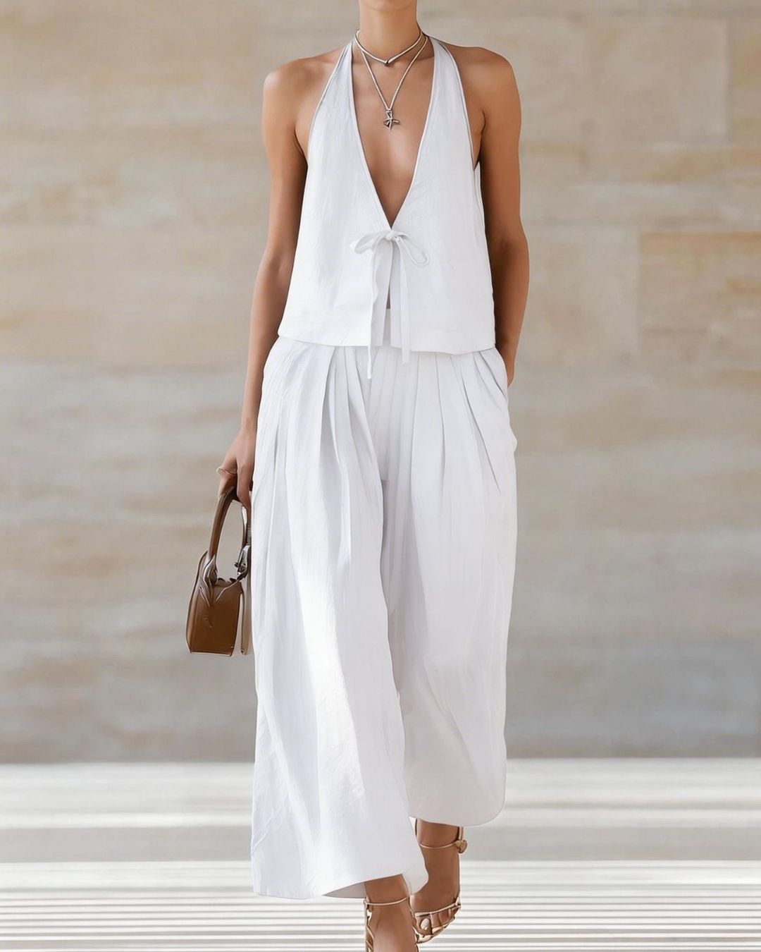 Vyla™ Sleeveless Vest & Wide-Leg Pants Set – 2-Piece Lace-Up Outfit