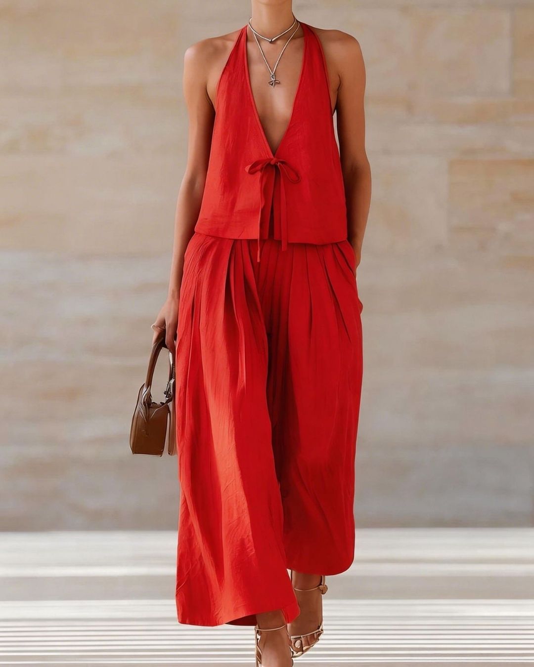 Vyla™ Sleeveless Vest & Wide-Leg Pants Set – 2-Piece Lace-Up Outfit