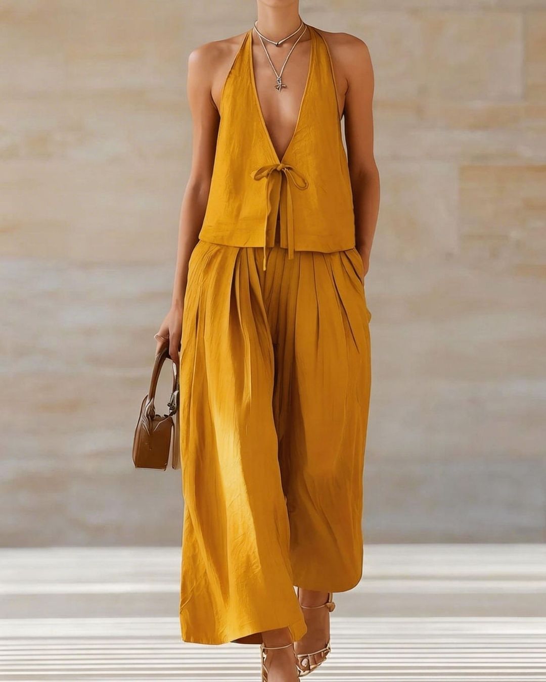 Vyla™ Sleeveless Vest & Wide-Leg Pants Set – 2-Piece Lace-Up Outfit