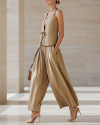Vyla™ Sleeveless Vest & Wide-Leg Pants Set – 2-Piece Lace-Up Outfit