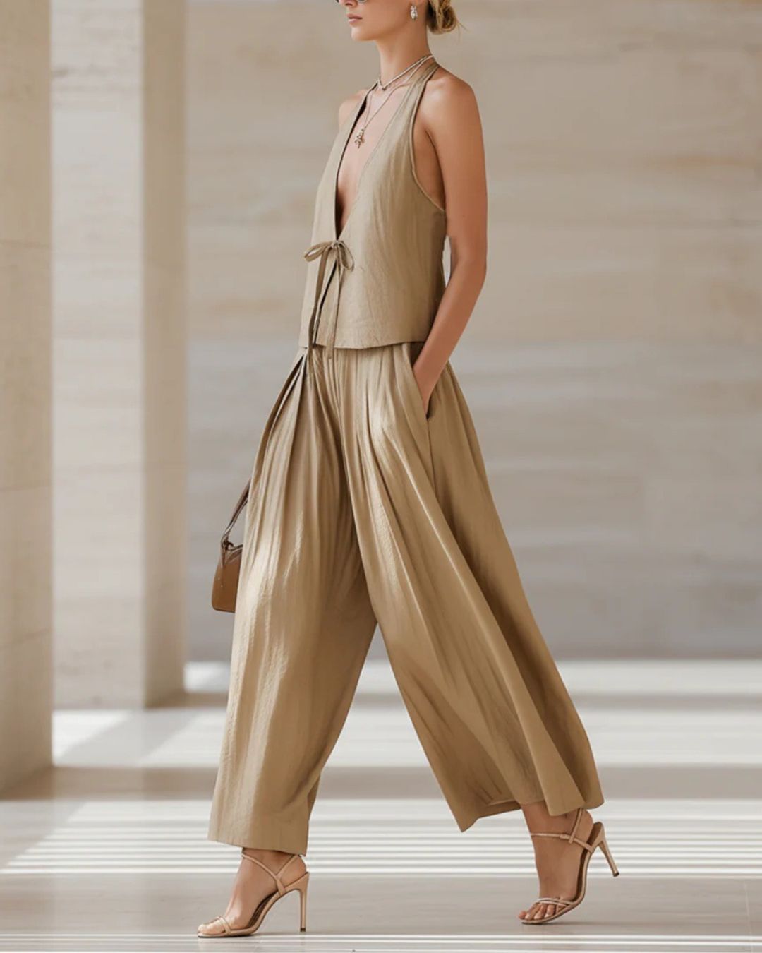Vyla™ Sleeveless Vest & Wide-Leg Pants Set – 2-Piece Lace-Up Outfit