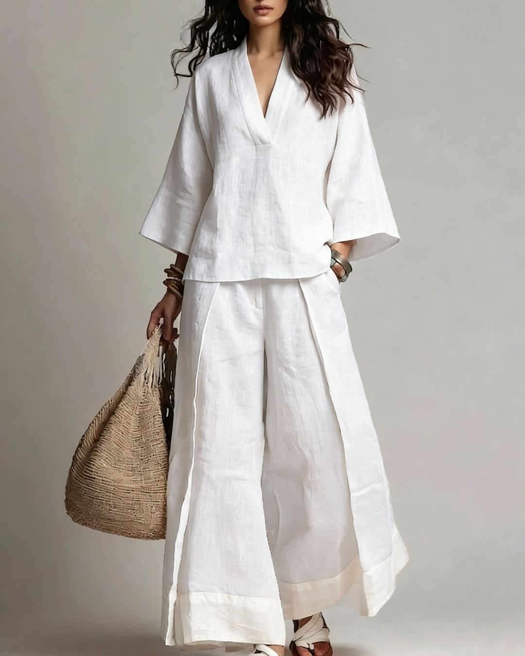Vyla™ Boho Oasis Set Deep V Neck Tunic Palazzo Pants Resort Wear
