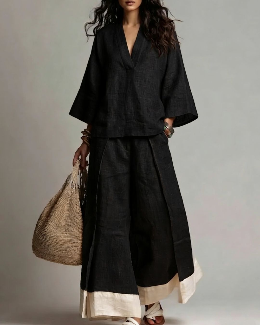 Vyla™ Boho Oasis Set Deep V Neck Tunic Palazzo Pants Resort Wear