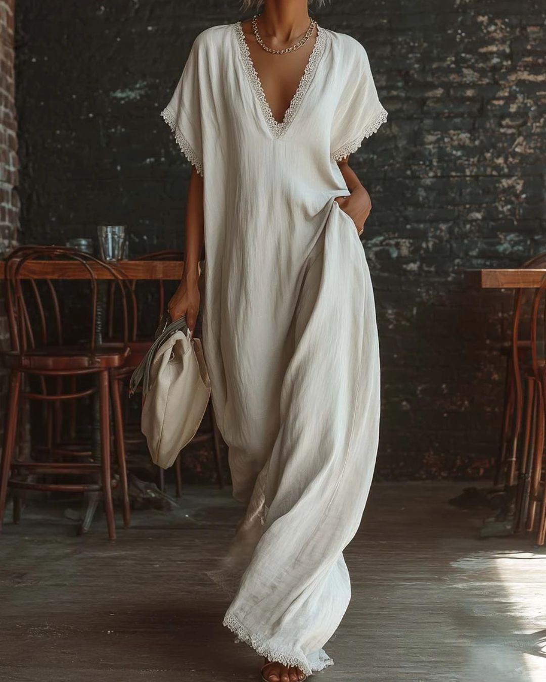 Vyla™ Boho Lace Trim Flowy A-Line Maxi Dress