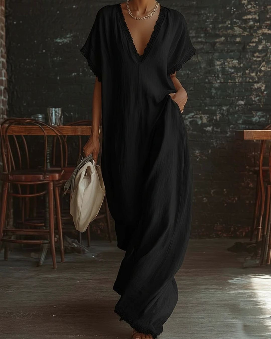Vyla™ Boho Lace Trim Flowy A-Line Maxi Dress