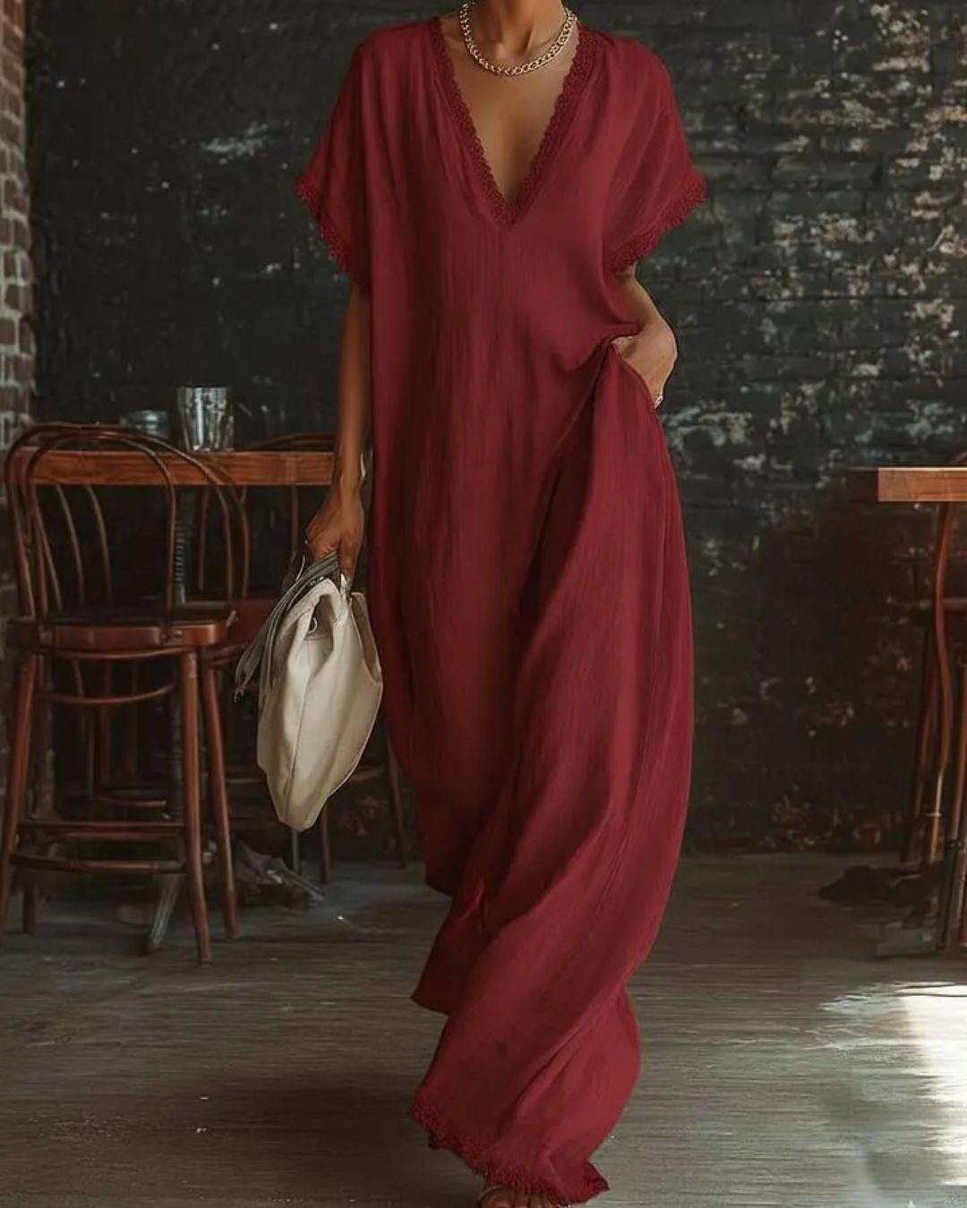 Vyla™ Boho Lace Trim Flowy A-Line Maxi Dress