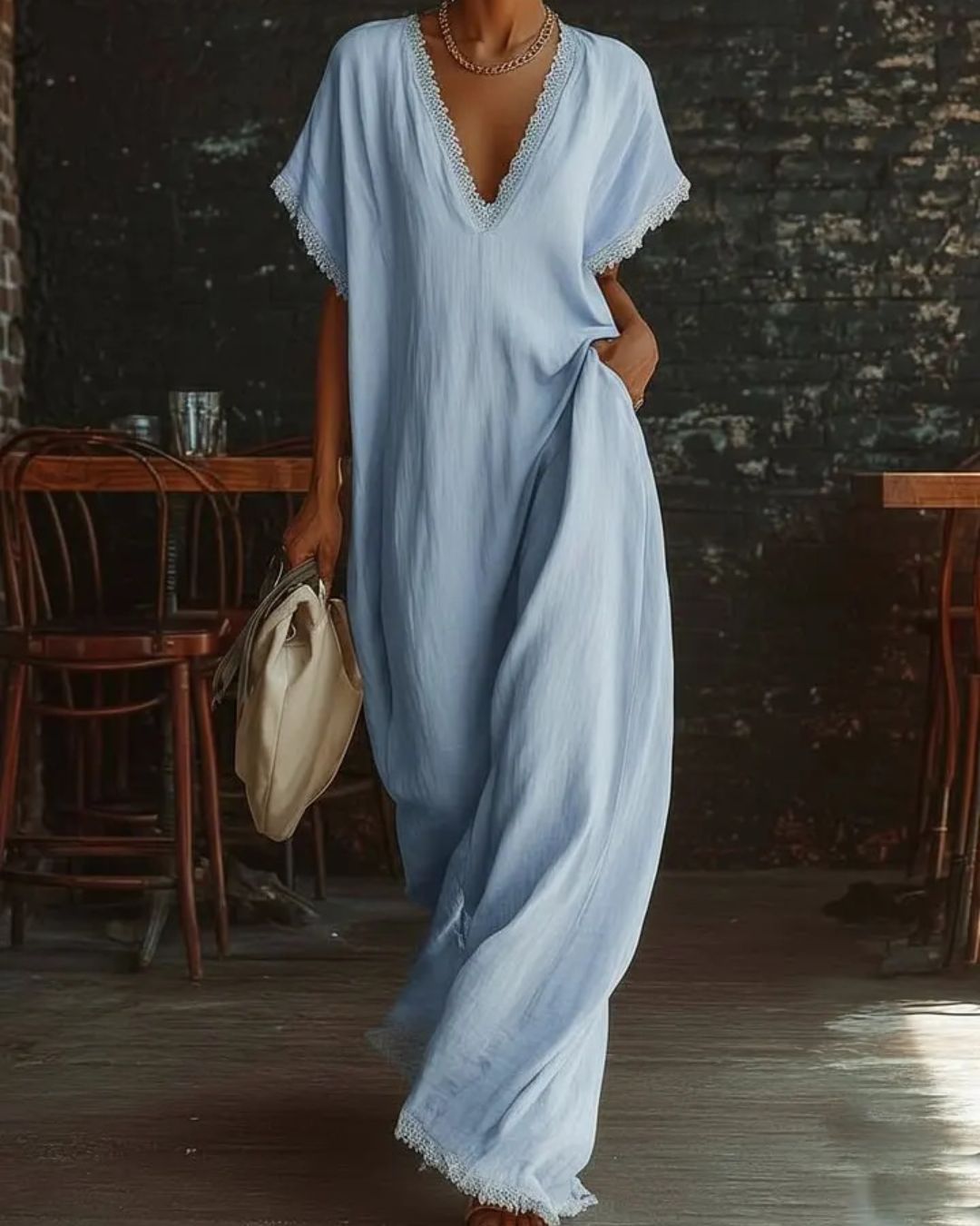 Vyla™ Boho Lace Trim Flowy A-Line Maxi Dress