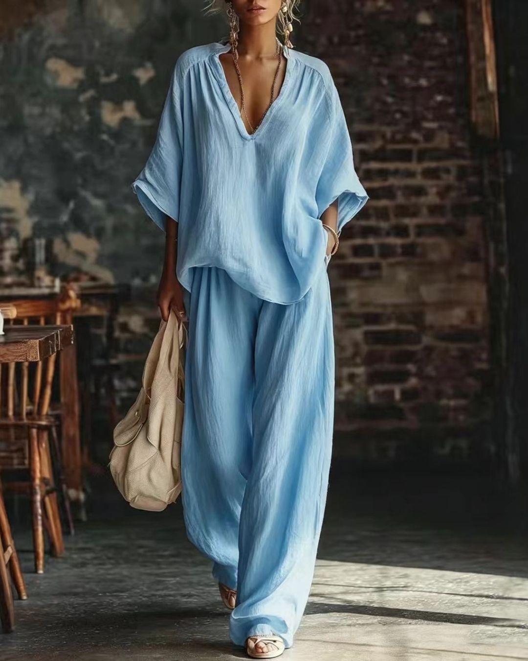 Vyla™ Casual Urban Boho V-neck Blouse Set