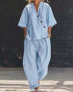 Vyla™ Casual Cotton And Linen V-neck Top And Wide Leg Set