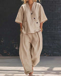 Vyla™ Casual Cotton And Linen V-neck Top And Wide Leg Set