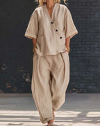Vyla™ Casual Cotton And Linen V-neck Top And Wide Leg Set