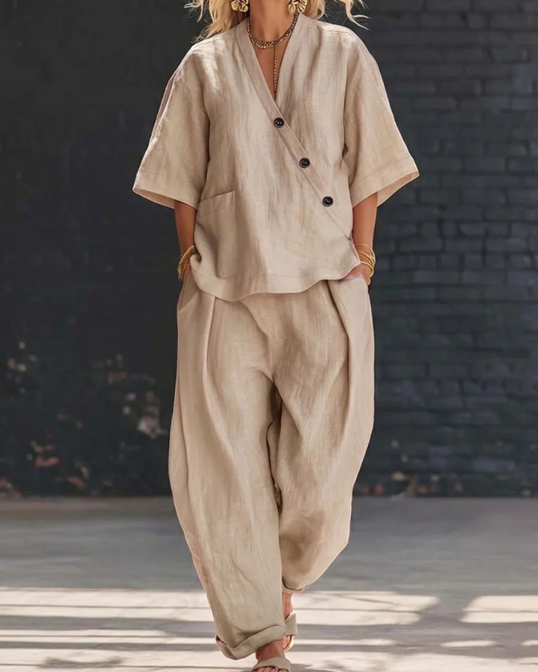 Vyla™ Casual Cotton And Linen V-neck Top And Wide Leg Set