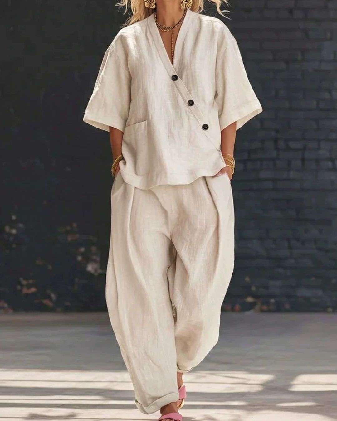 Vyla™ Casual Cotton And Linen V-neck Top And Wide Leg Set