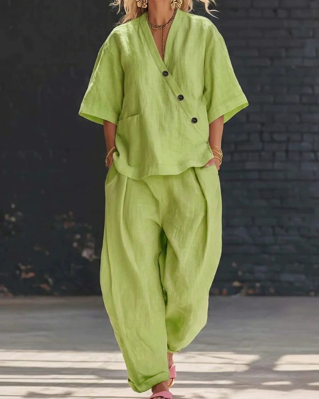 Vyla™ Casual Cotton And Linen V-neck Top And Wide Leg Set