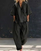 Vyla™ Casual Cotton And Linen V-neck Top And Wide Leg Set