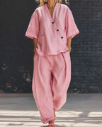 Vyla™ Casual Cotton And Linen V-neck Top And Wide Leg Set