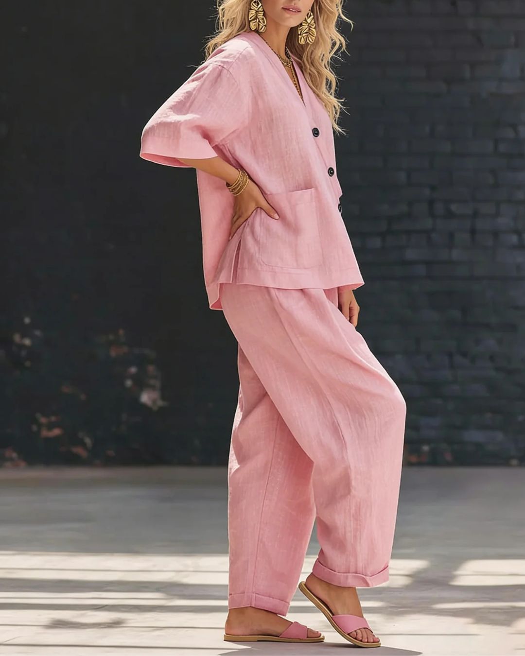 Vyla™ Casual Cotton And Linen V-neck Top And Wide Leg Set
