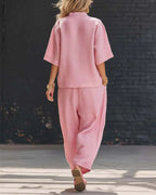 Vyla™ Casual Cotton And Linen V-neck Top And Wide Leg Set
