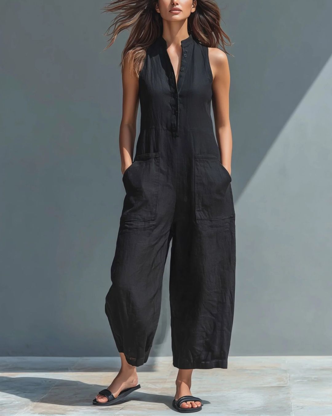 Vyla™ Vintage Solid Color Sleeveless Jumpsuit Stand Collar Loose Leg Spring Summer Work & Casual Outfit