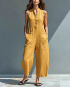 Vyla™ Vintage Solid Color Sleeveless Jumpsuit Stand Collar Loose Leg Spring Summer Work & Casual Outfit