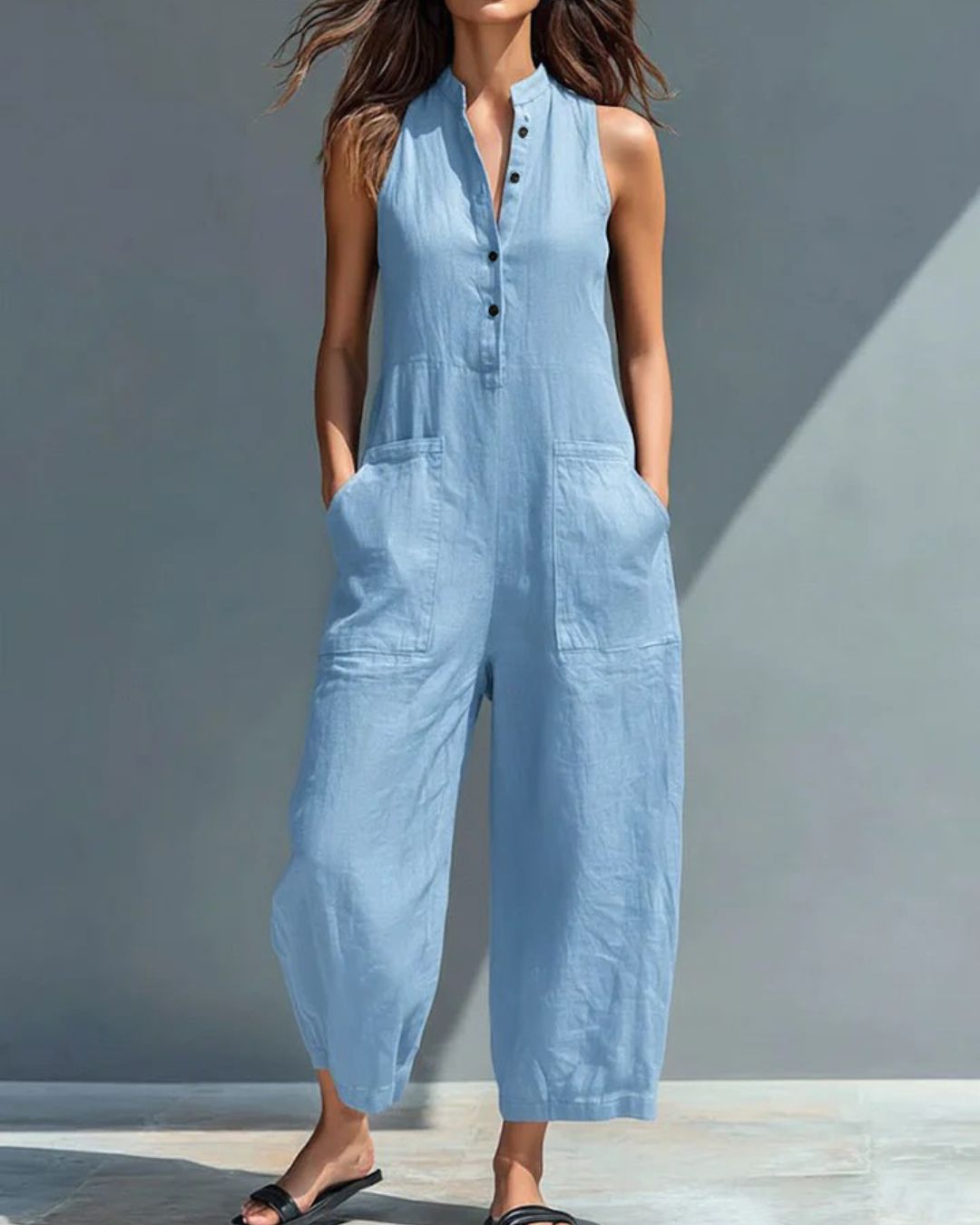 Vyla™ Vintage Solid Color Sleeveless Jumpsuit Stand Collar Loose Leg Spring Summer Work & Casual Outfit