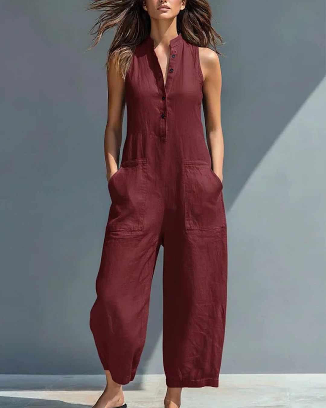 Vyla™ Vintage Solid Color Sleeveless Jumpsuit Stand Collar Loose Leg Spring Summer Work & Casual Outfit