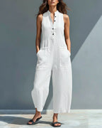 Vyla™ Vintage Solid Color Sleeveless Jumpsuit Stand Collar Loose Leg Spring Summer Work & Casual Outfit