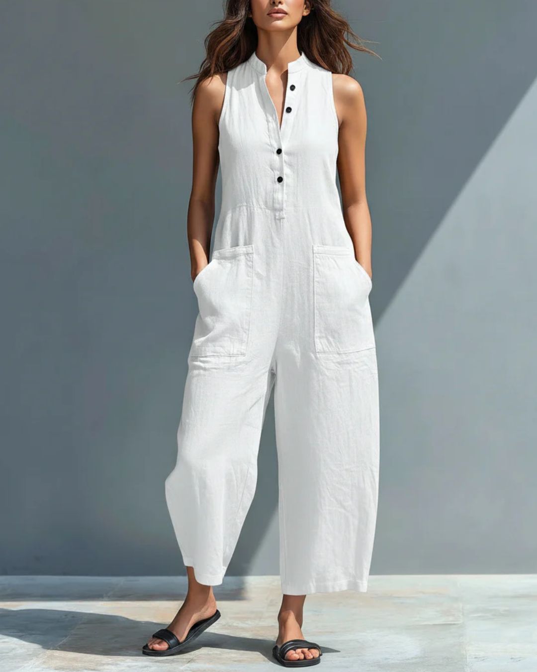 Vyla™ Vintage Solid Color Sleeveless Jumpsuit Stand Collar Loose Leg Spring Summer Work & Casual Outfit