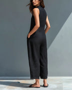 Vyla™ Vintage Solid Color Sleeveless Jumpsuit Stand Collar Loose Leg Spring Summer Work & Casual Outfit