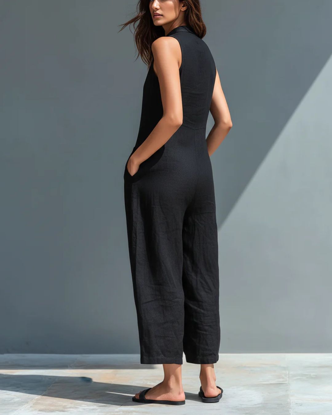 Vyla™ Vintage Solid Color Sleeveless Jumpsuit Stand Collar Loose Leg Spring Summer Work & Casual Outfit